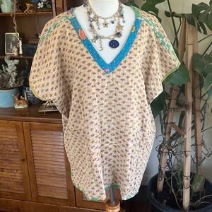 Boho Cream Printed V-Neck Tunic Top with Teal Trim